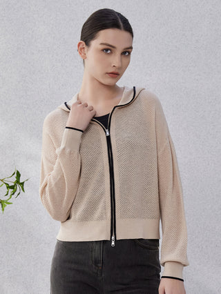 Camel knit zip hoodie with stand collar, silver zipper pull, ribbed sleeve cuffs