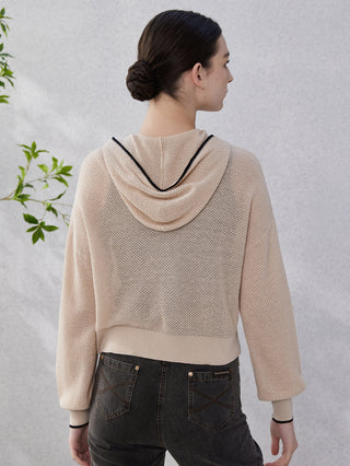 Camel knit hoodie back view: draped hood and ribbed waistband