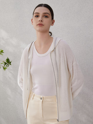 White linen-silk knit zip hoodie with black-trim hood and front zipper