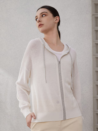 White knit zip hoodie with drawcord hood and ribbed hem