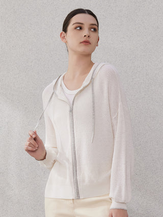 White linen-silk lyocell knit zip hoodie, front view with hood and drawstring