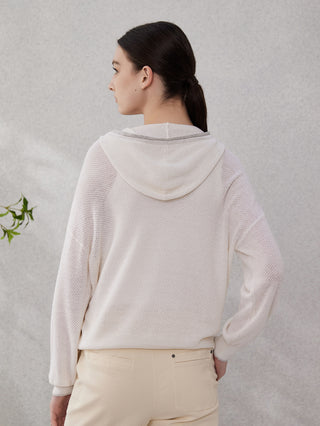 White knit hoodie, back view with hood and full-length sleeves