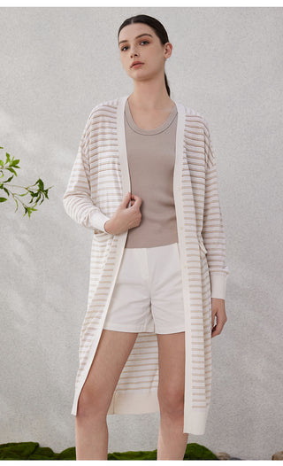 Long striped cardigan in white with tan and blue horizontal lines, open front