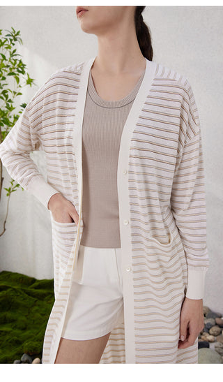Long sleeve striped cardigan, white with tan and blue stripes, open front view
