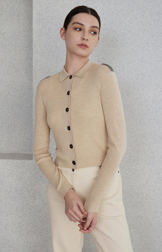 Beige silk-wool knit polo cardigan, button-front and pointed collar