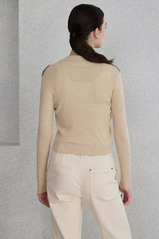 Beige polo knit cardigan, back view