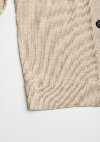 Beige ribbed knit hem edge of polo cardigan