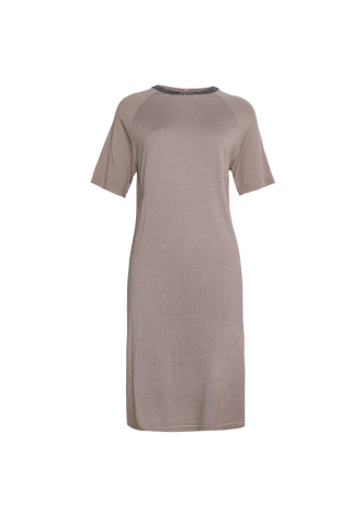 Khaki wool-silk short-sleeve knit dress with beaded neckline trim