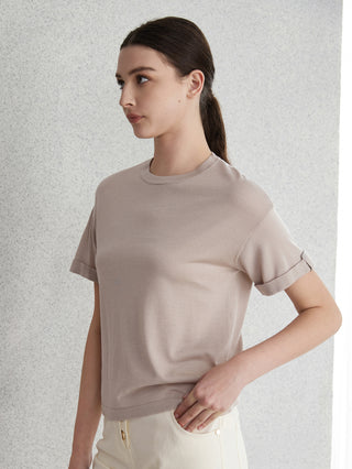 Camel wool-silk crewneck knit top with short sleeves; straight hem