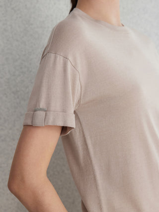 Camel wool-silk knit top sleeve detail with stitched seam at cuff