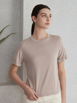 Camel wool-silk short-sleeve knit top, front view; draped fit