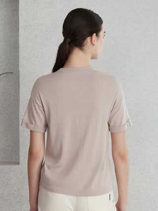 Camel wool-silk knit top, short sleeves; back view
