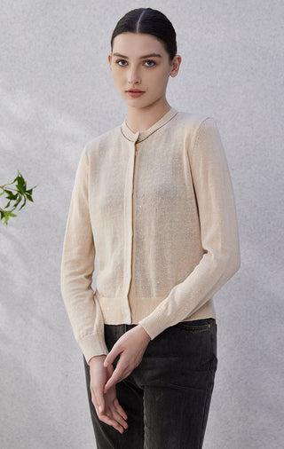 Apricot linen fine-gauge cardigan with button-front placket and subtle bead accents