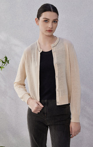 Apricot linen cardigan with beaded collar trim and buttoned front