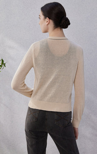 Apricot linen fine-gauge cardigan back view with ribbed hem and cuffs