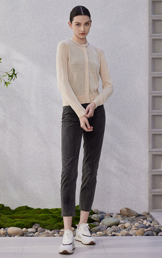 Apricot linen fine-gauge cardigan, button-front style with beaded neckline trim