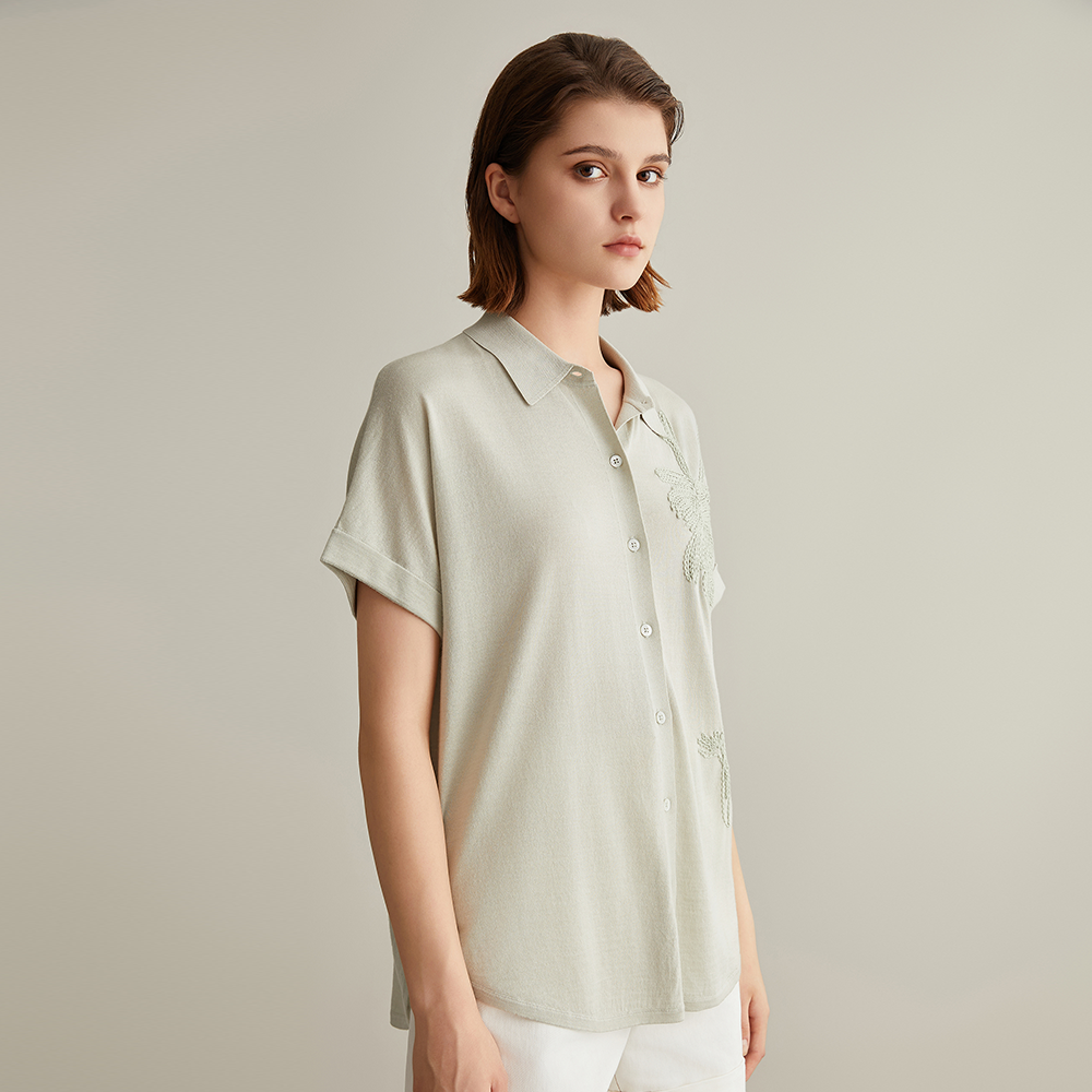 Women's Clothing Wool Polo Shirt with Floral embroidery