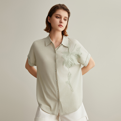 Women's Clothing Wool Polo Shirt with Floral embroidery