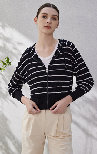 Black striped zip hoodie cardigan with front pockets, drawstring hood, ribbed trim