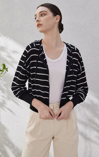 Black striped zip-up knit hoodie cardigan with draped hood and ribbed collar