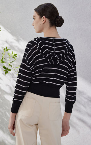 Black striped knit zip hoodie cardigan with gathered hood, back view