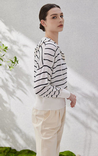 Side view of black-and-white striped zip-hooded knit cardigan sleeve and hem