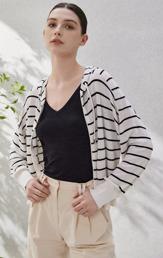 Black-and-white striped zip-hooded knit cardigan with open front and drawstring hood