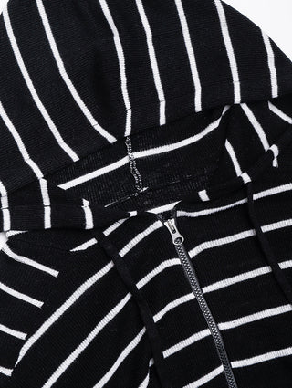 Black knit cardigan with white stripes and metal zipper pull detail