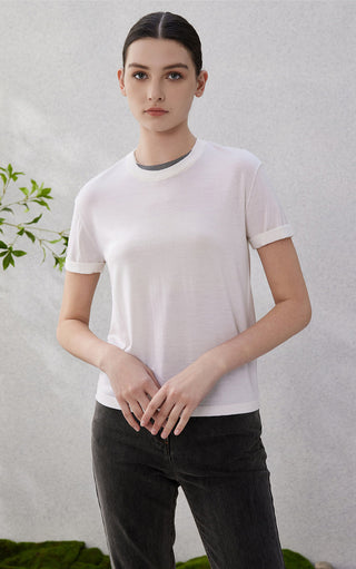 White sheer wool-silk knit t-shirt with short sleeves and layered beaded neckline trim