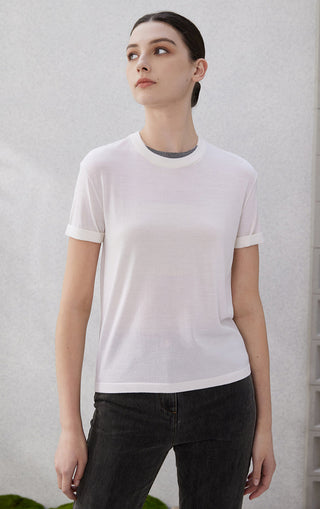 White sheer knit wool-silk t-shirt with short sleeves and ribbed crew neck