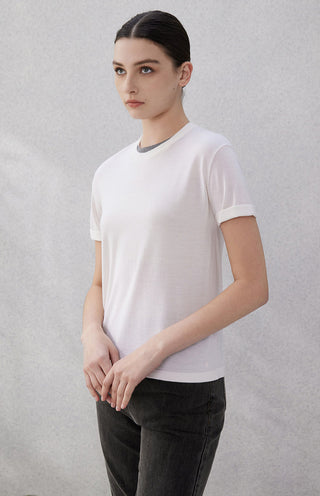 White sheer knit t-shirt with ribbed crew collar and soft drape, short sleeves