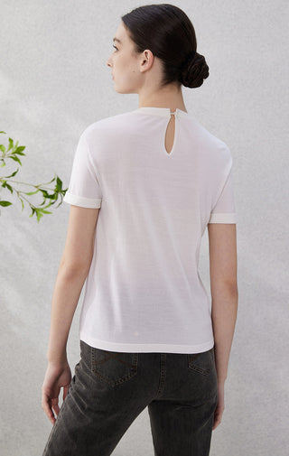 White sheer knit t-shirt back view with keyhole neckline opening and short sleeves