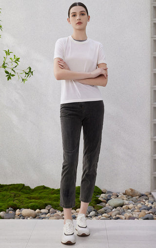 White sheer t-shirt neckline with layered beaded trim along curved yoke