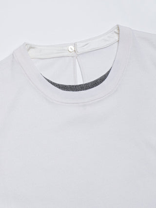 White knit t-shirt collar with black beaded arc detail and top button closure
