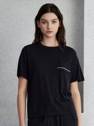 Graphite gray wool-silk short-sleeve knit top with crew neck and beaded pocket detail