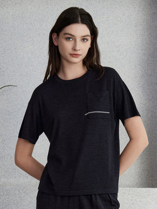 Graphite gray wool-silk short-sleeve knit top with round neck and beaded pocket detail