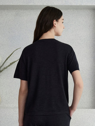 Graphite gray wool-silk knit top back view with short sleeves and straight hem