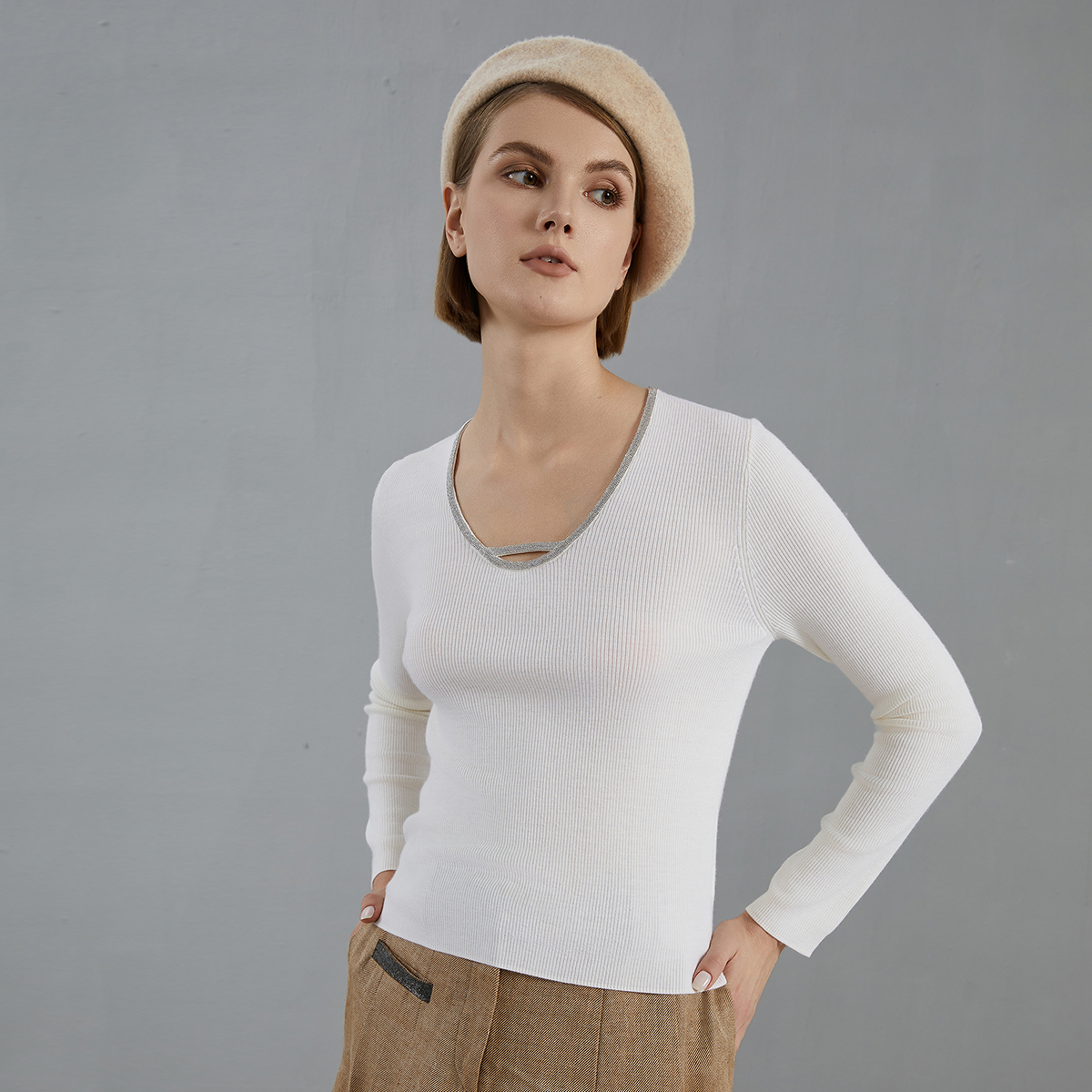 Women's Merino Wool U-Neck Knitted Pullover Top