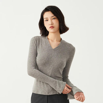 Women's Wool & Tencel V-Neck Long-sleeve Top