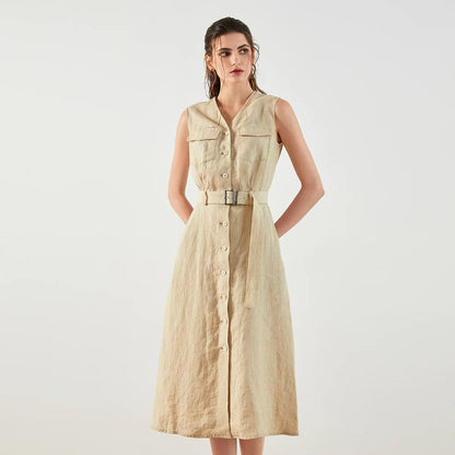 Women's Ramie Single-Breasted Long Dress