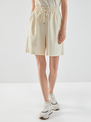 Apricot cotton-nylon drawstring shorts, elastic waist, side pockets