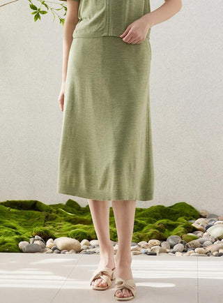 Wool Silk Midi Skirt with Beaded Waist Detail - serathinan 