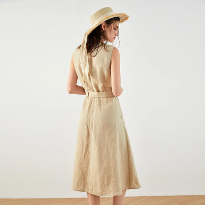 Women's Ramie Single-Breasted Long Dress