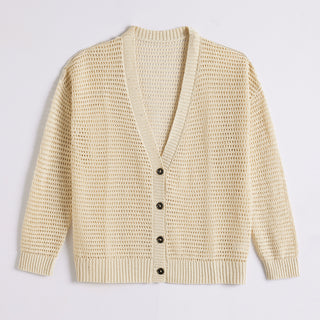Light beige openwork knit cardigan with V-neck, button front and subtle sequin shimmer