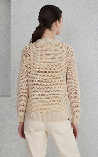 Back view of camel openwork knit cardigan with ribbed hem and long sleeves
