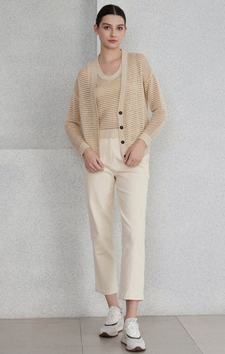 Camel openwork knit cardigan with button placket, V-neck, long sleeves, ribbed cuffs