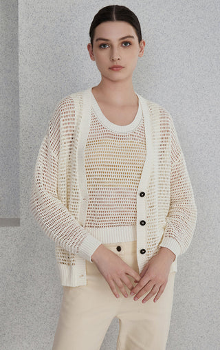 Cream openwork knit cardigan with V-neck, button-front, long sleeves, ribbed cuffs