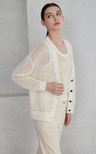 Cream openwork knit cardigan with long sleeves and dark button closure