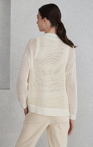 Back view of cream openwork knit cardigan with ribbed hem and long sleeves