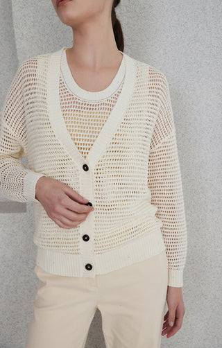 Close-up of cream openwork knit cardigan: button front, V-neck trim, long sleeves